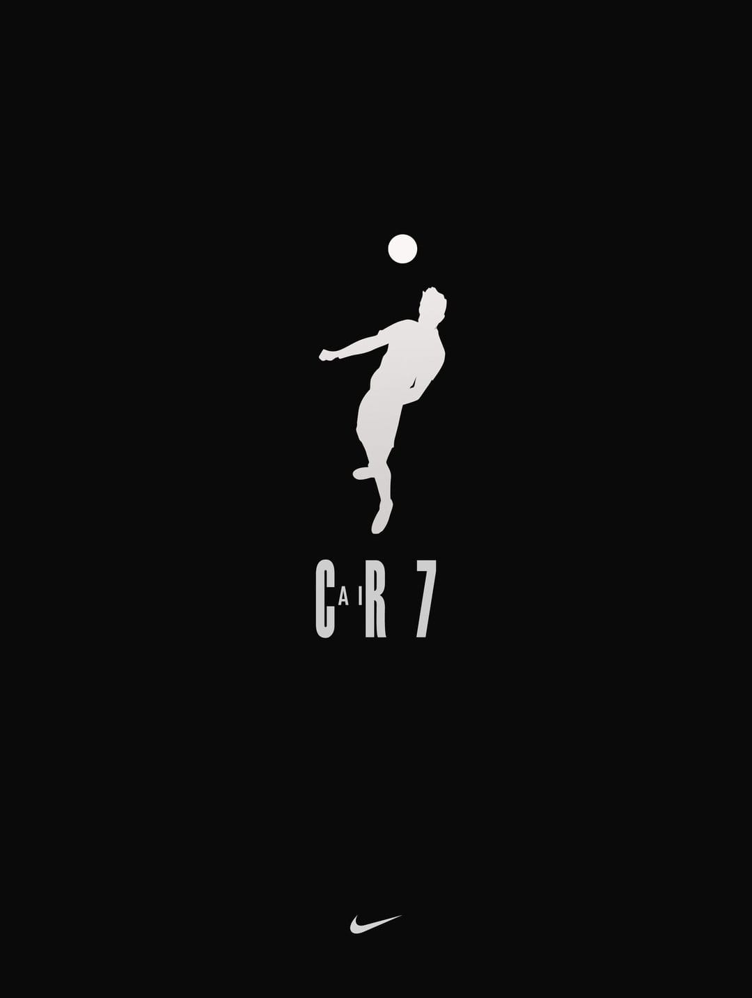 Cristiano Ronaldo silhouette in a mid-air football header pose with CR7 branding on a solid black background.
