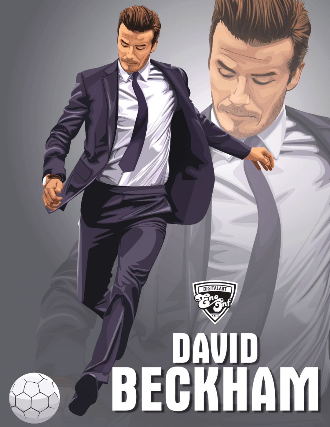 David Beckham in a dark suit kicks a soccer ball beside a detailed facial profile on a grey backdrop.