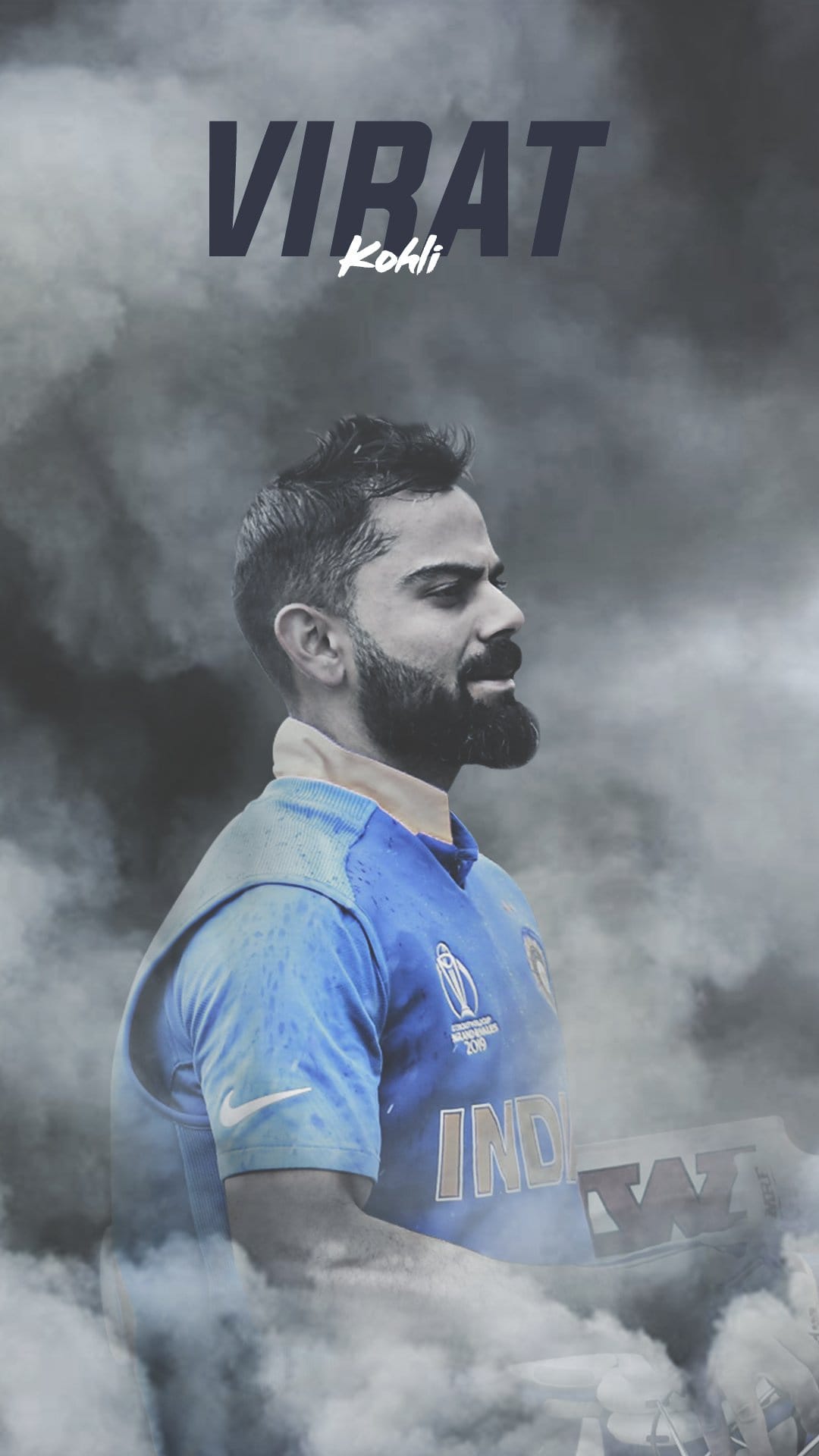 Virat Kohli in a blue India cricket jersey stands within a thick cloud of white smoke with intense lighting.