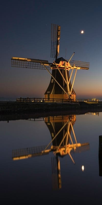 Kinderdijk, windmills, Netherlands, Dutch, twilight, night, reflection, canal, water, moon, stars, UNESCO World Heritage, iconic, peaceful, scenic, architecture, engineering, Europe, historic, serene