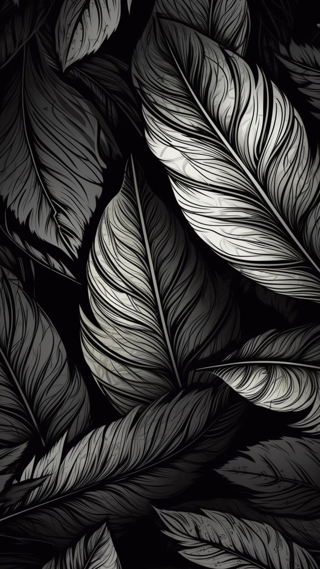 Overlapping black and white feathers with visible quills and fine barbules create a dense and textured pattern.