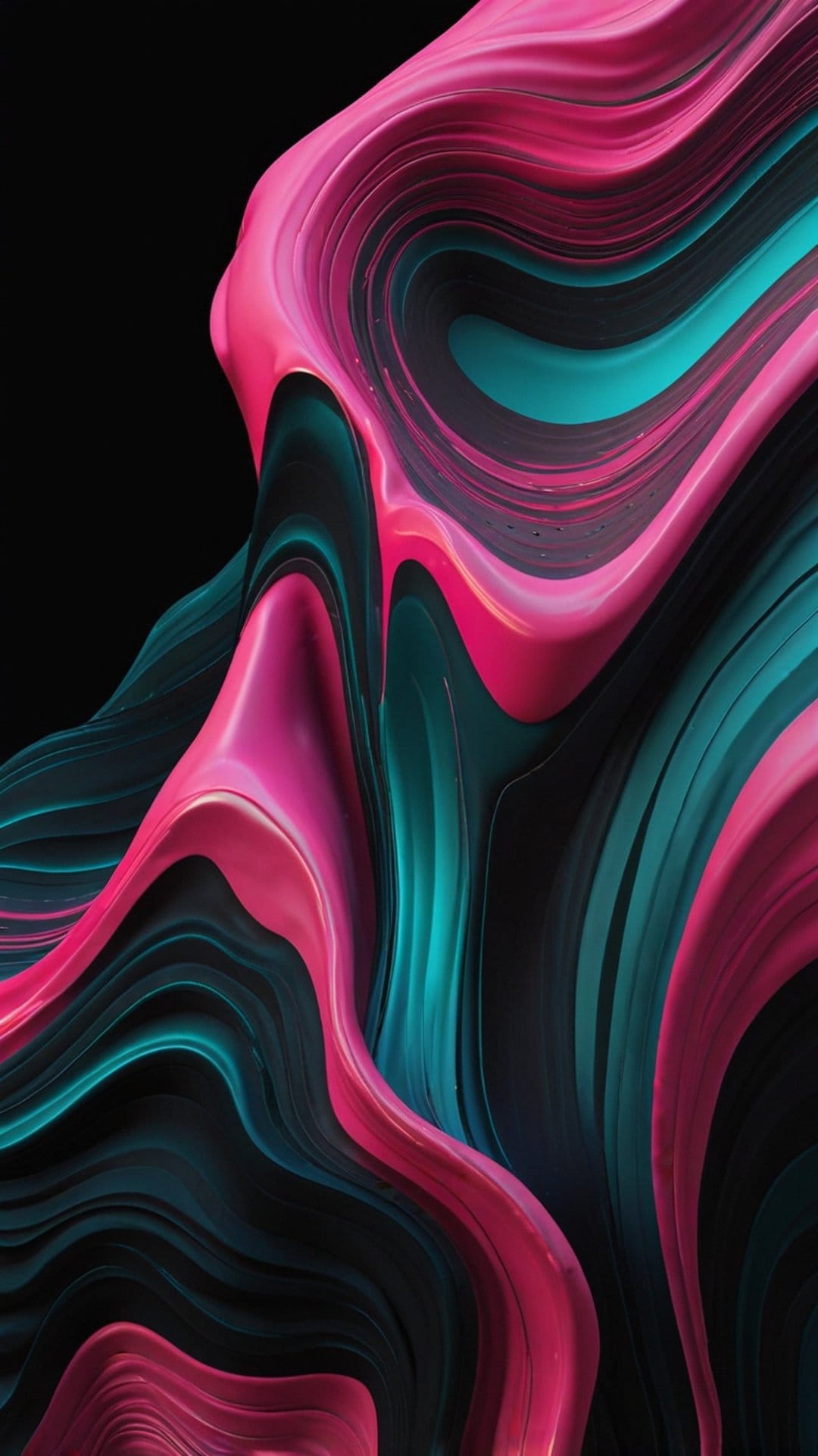 Swirling pink and teal liquid waves flow across a dark surface with a glossy, reflective chrome texture.