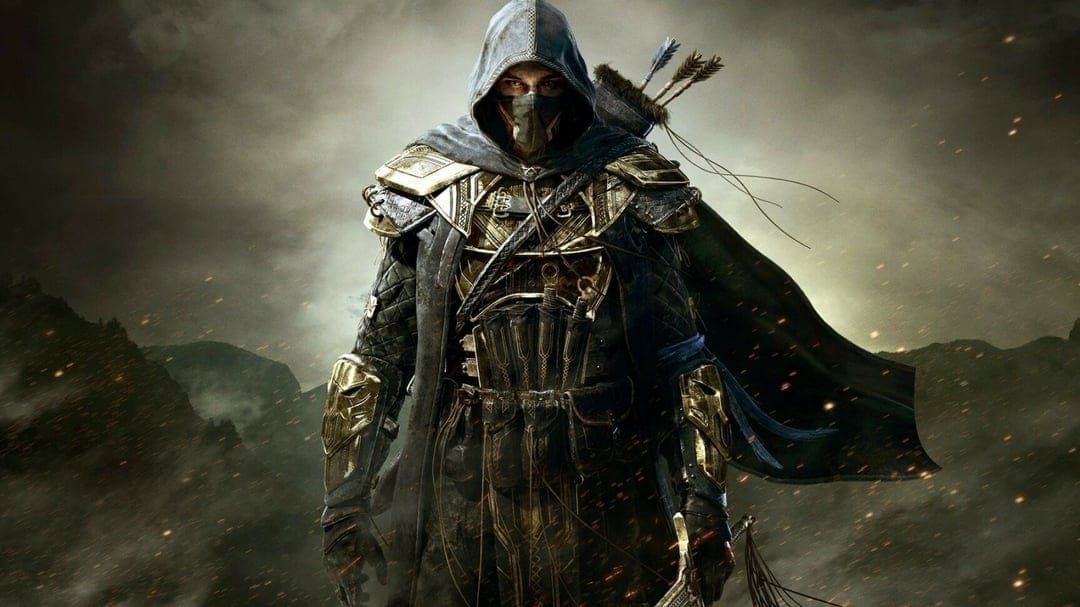 Hooded warrior in gold-plated armor with a bow and arrows standing in a misty mountain landscape with embers.