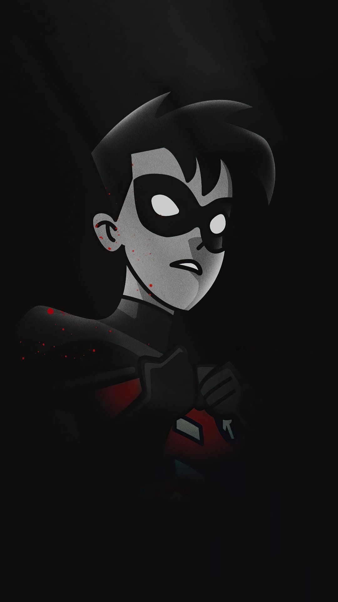 Robin wearing a mask and tactical suit stands against a black backdrop with vivid red paint splatters.