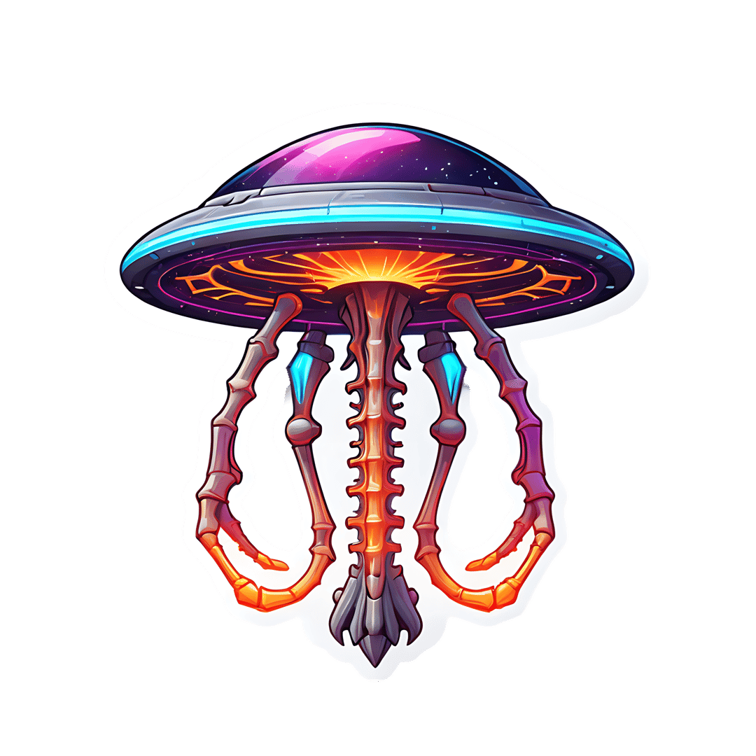Extraterrestrial UFO creature sticker features a glowing orange underside and purple tentacles with a white outline.