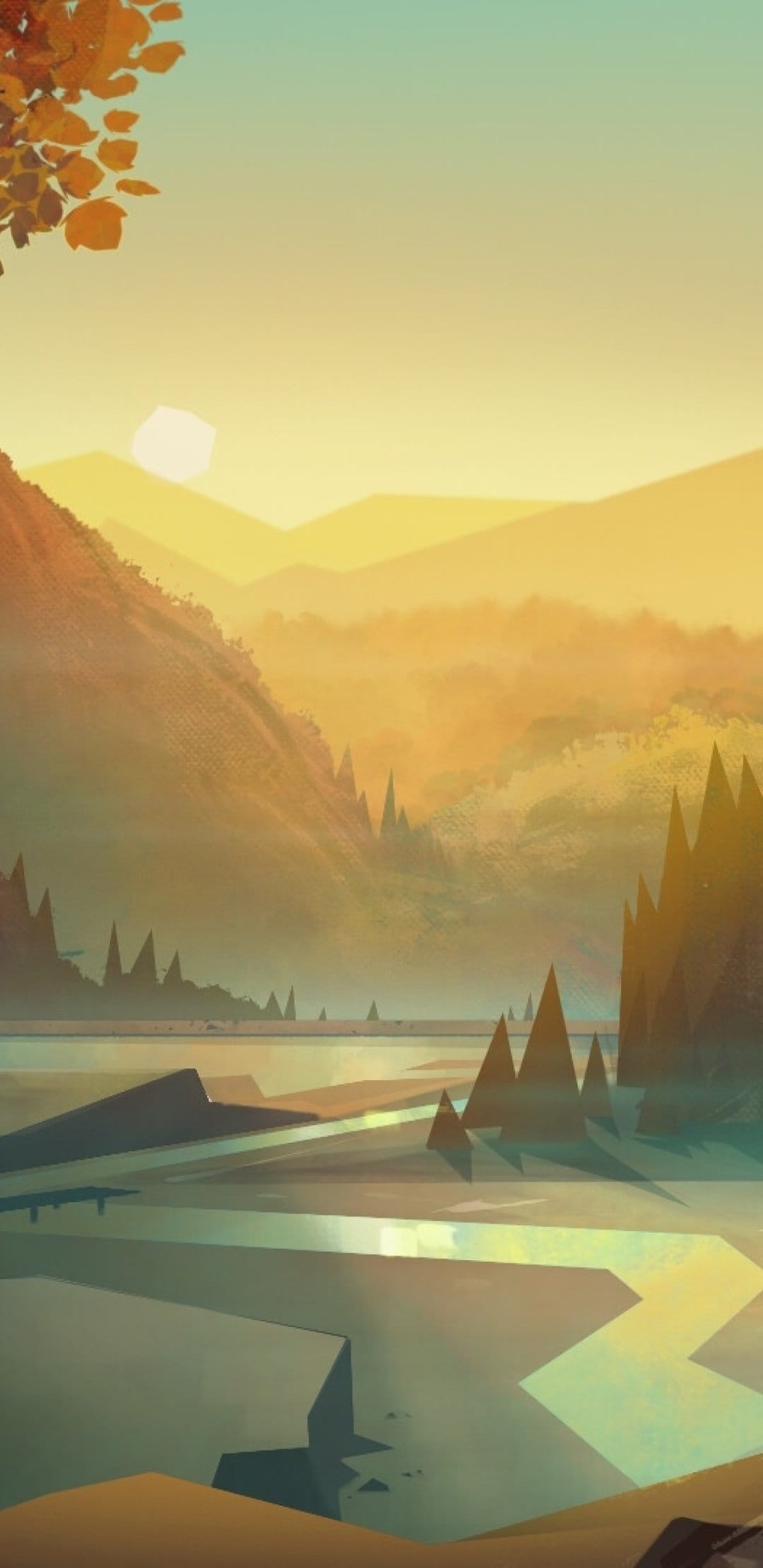 Golden autumn leaves frame a sunset valley with distant mountains and a winding river under a hazy orange sky.