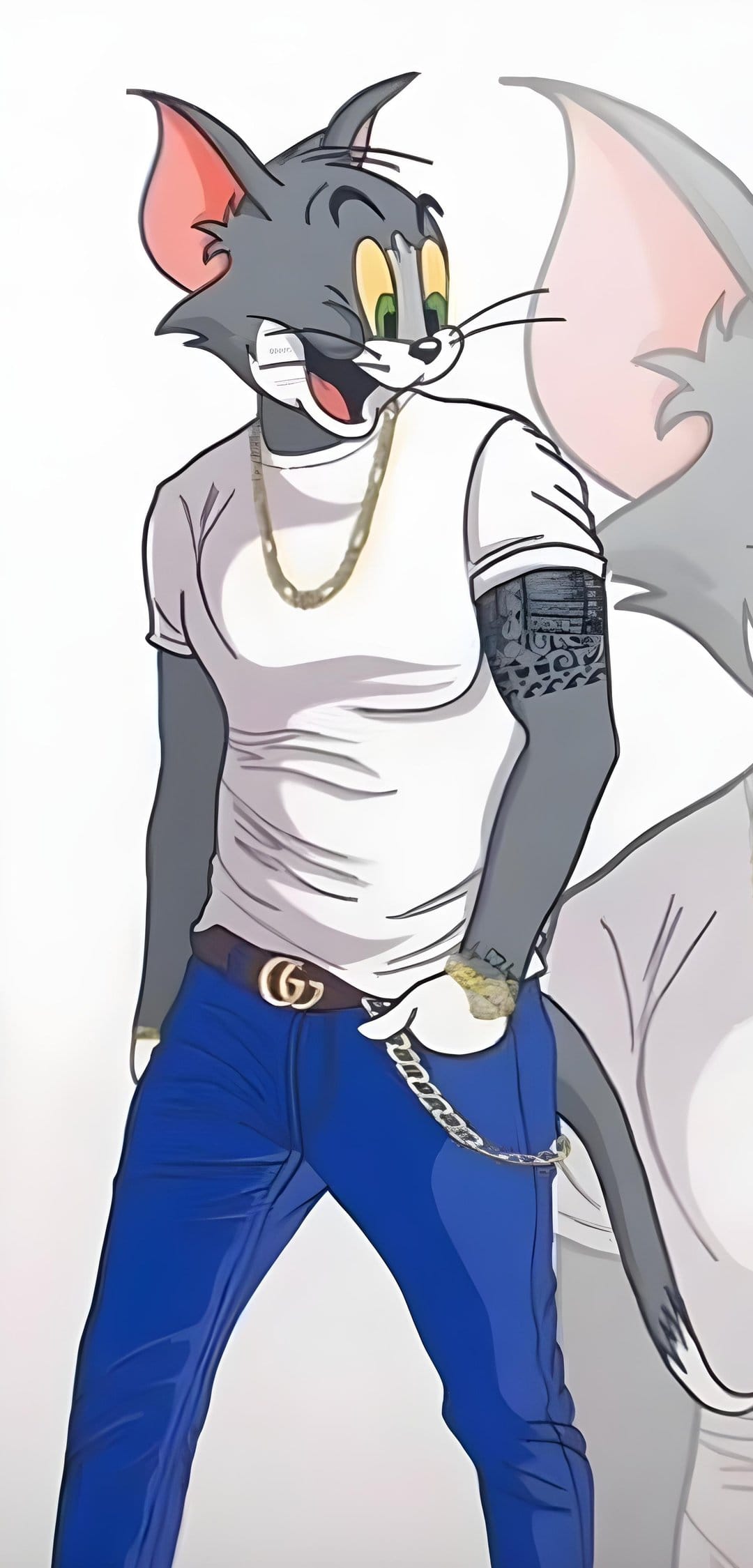 Tom Cat wearing a white t-shirt, Gucci belt, gold chains, and a watch with a tattoo visible on his arm.
