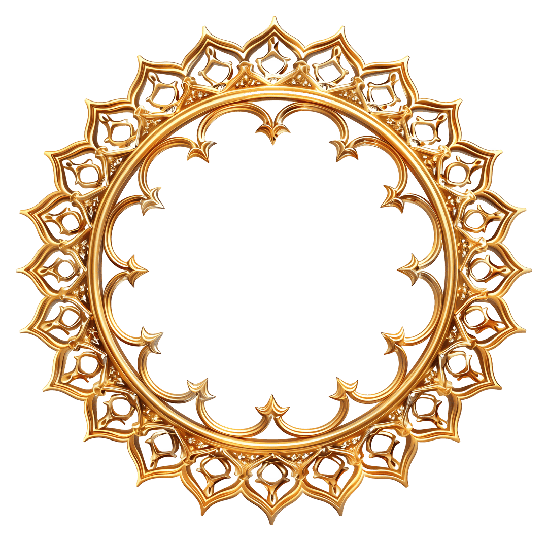 Gold circular frame featuring intricate Islamic arabesque patterns and a reflective metallic filigree texture.