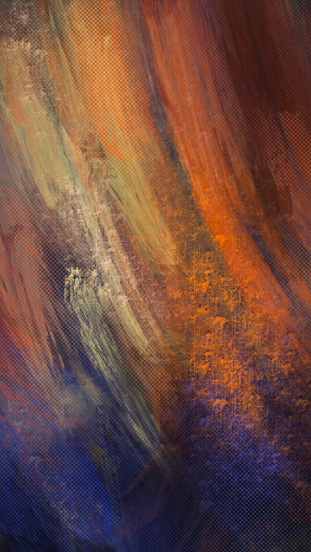 Burnt orange and forest green paint swirls feature a subtle halftone dot texture in a vertical composition.