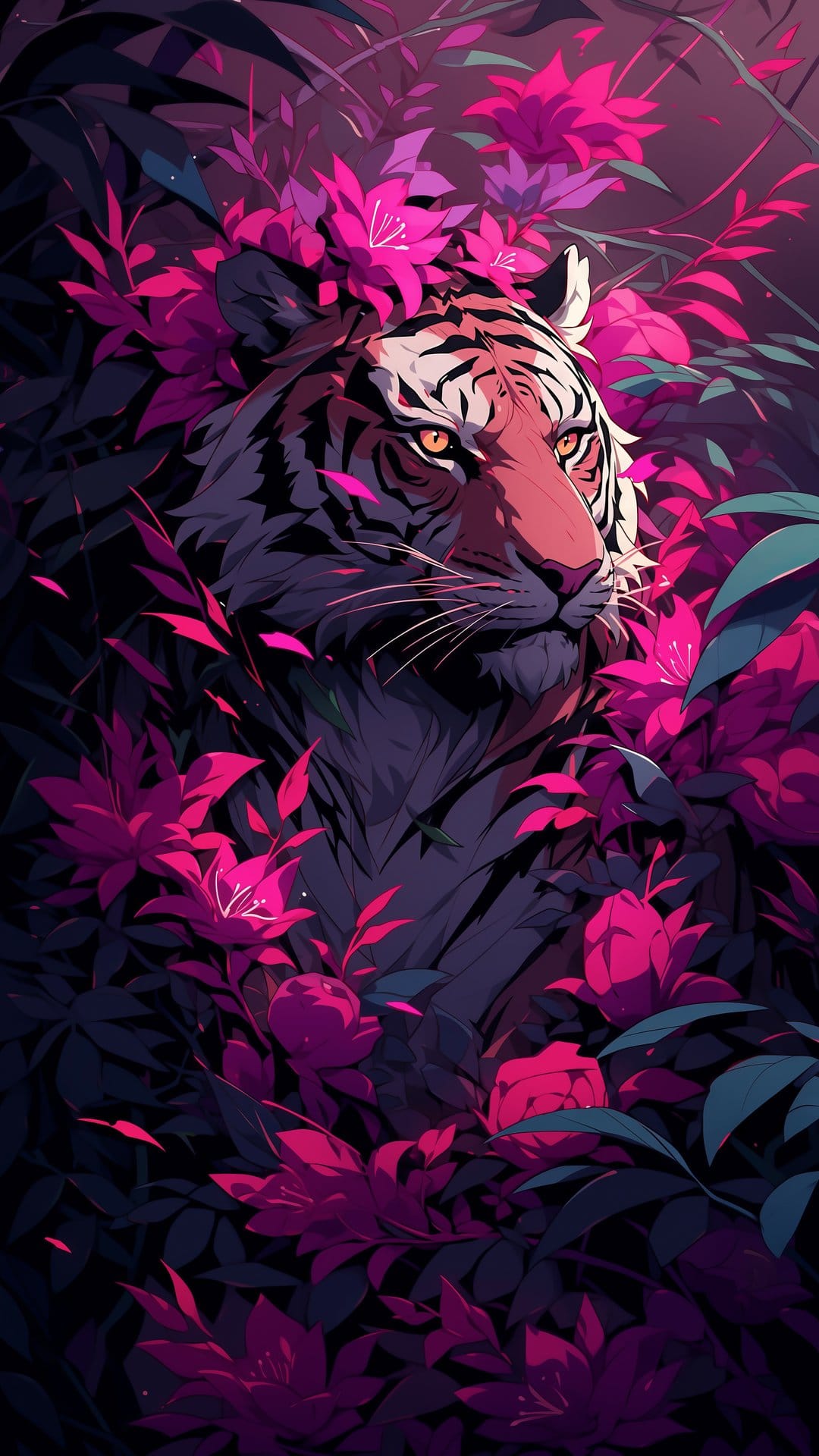 Bengal tiger prowls through dense neon pink orchids and violet tropical leaves with an intense focused gaze.