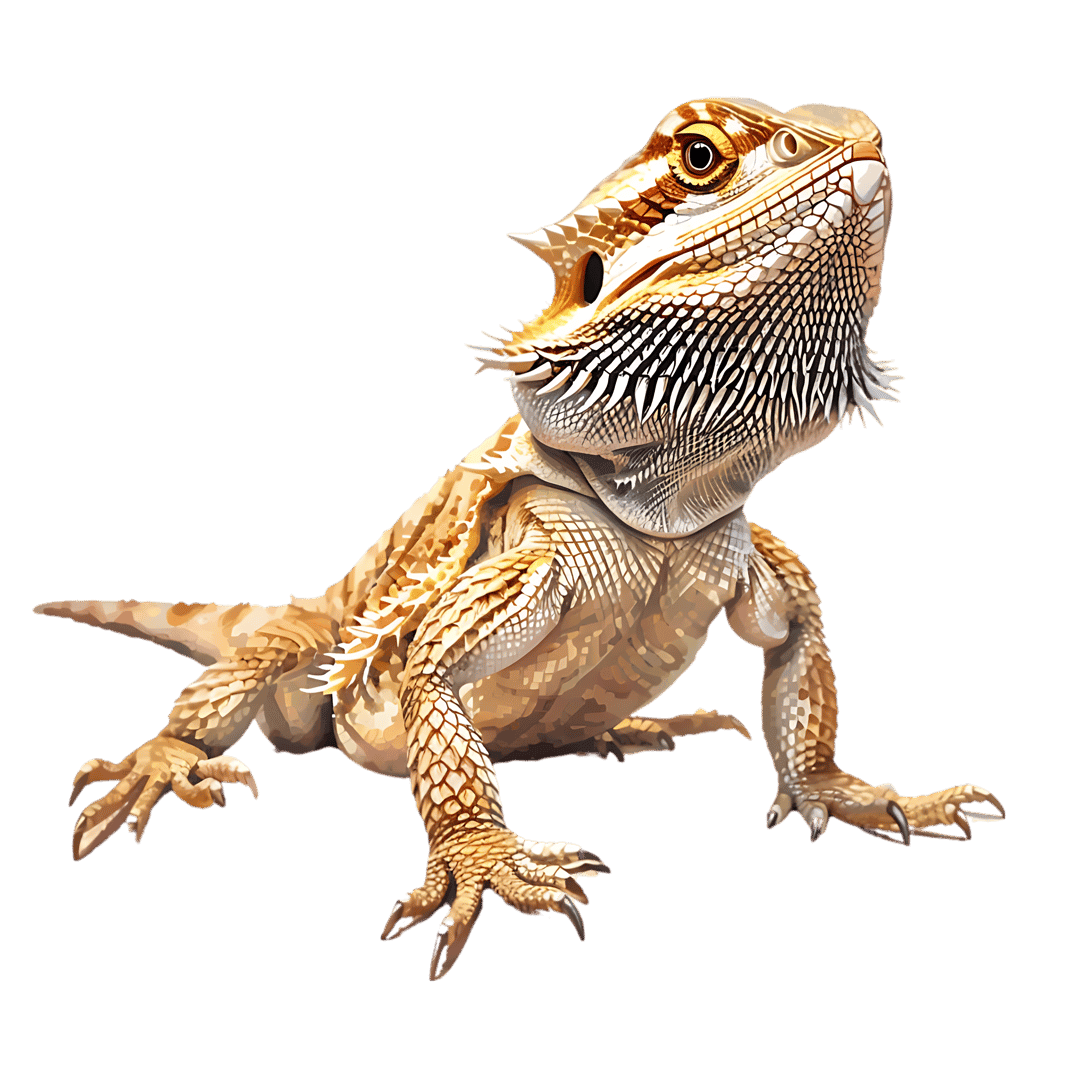 Bearded dragon lizard with spiky scales tilts its head upward against a dark backdrop in a realistic digital style.