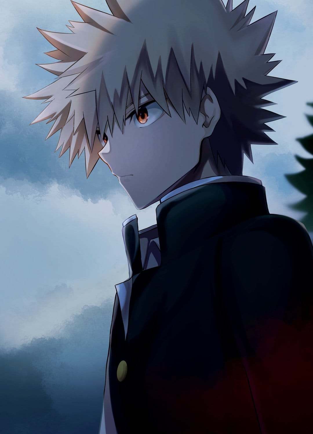 Blonde anime boy with red eyes and spiky hair wears a school uniform against a cloudy sky in profile view.