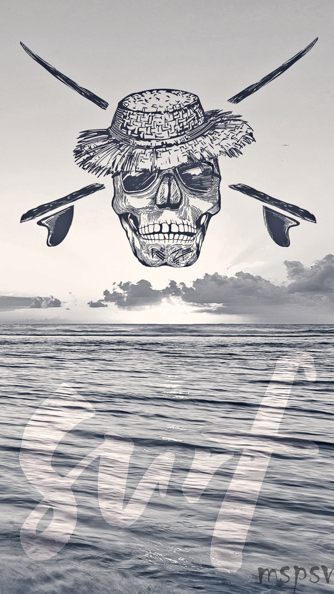 Skull wearing a straw hat and surfboard fins above rippling water with the word surf in stylized lettering.
