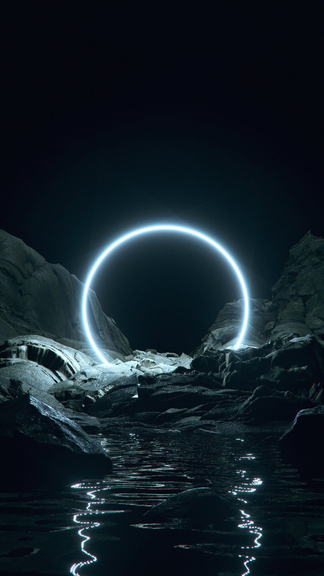 Glowing cyan circular portal reflecting in a still pool of water surrounded by dark craggy mountain peaks at night.