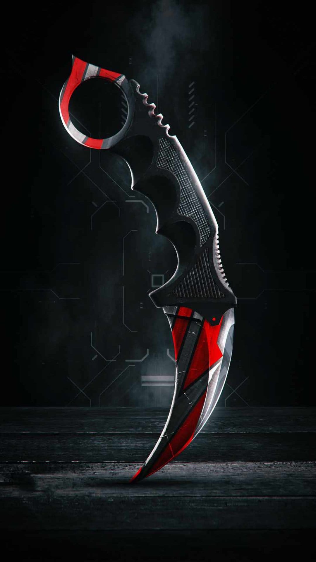 Karambit knife with a red geometric blade pattern lies on a dark textured surface with smoky digital graphics.