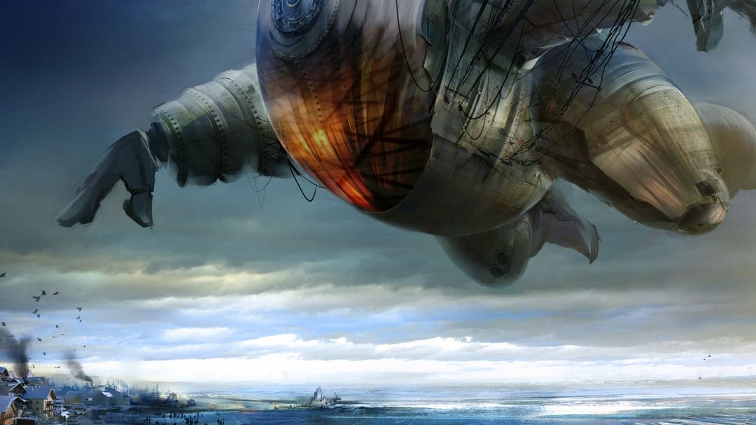 Giant metallic airship with a glowing orange core hovering over a snowy coastal village under a cloudy sky.