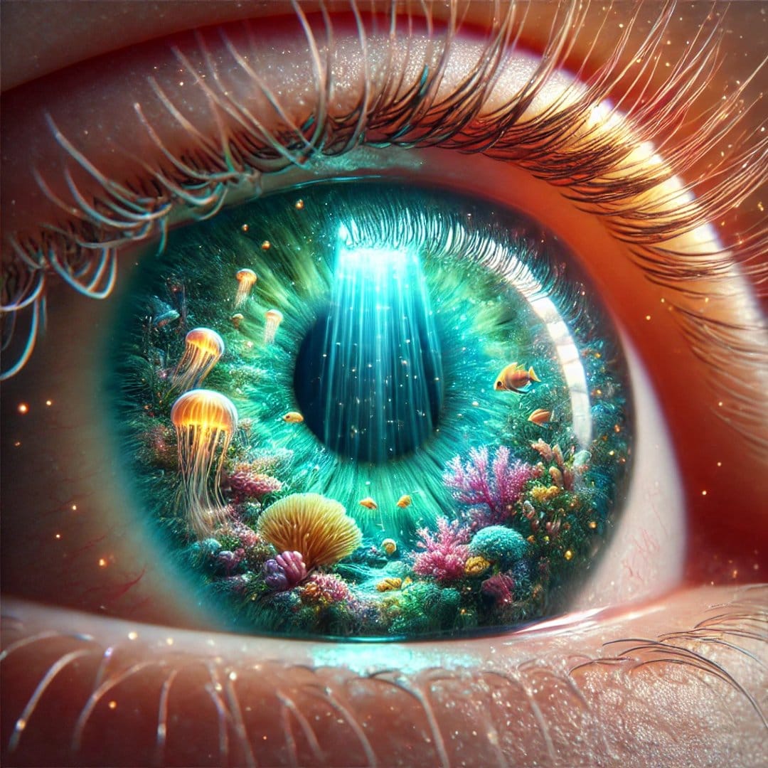 Human eye iris revealing a luminous coral reef with drifting jellyfish and beams of blue light through water.