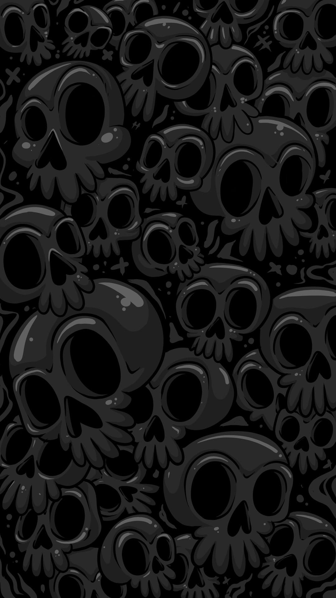 Grinning white cartoon skulls repeat in a dense pattern over a solid black background on a vertical screen.