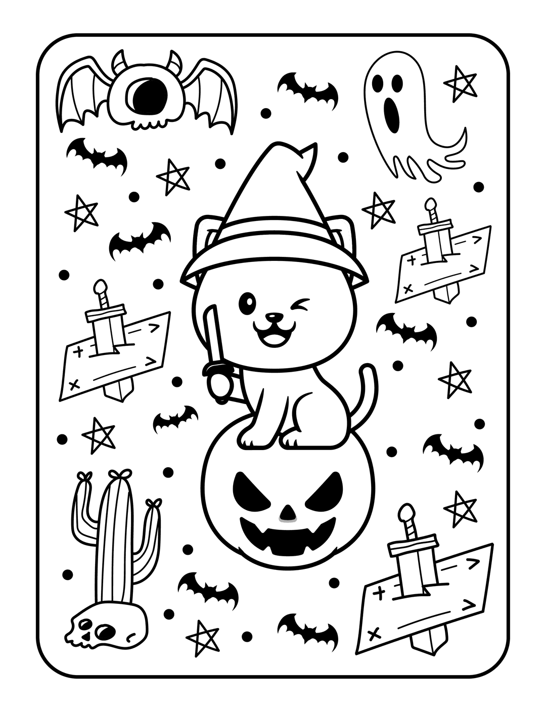 Halloween coloring page features a cat wearing a witch hat on a pumpkin with ghosts, bats, and stars.