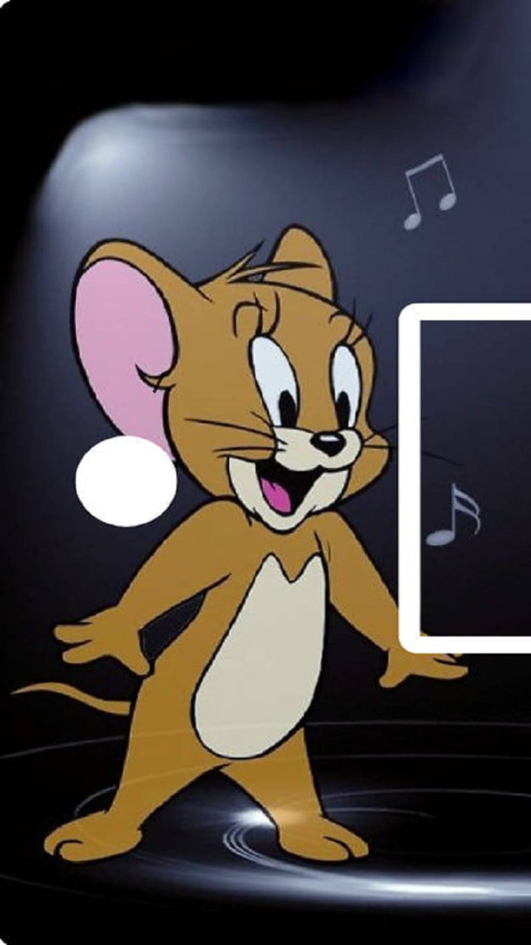 Jerry the Mouse dances joyfully under spotlights on a dark stage with floating gold musical notes and reflections.