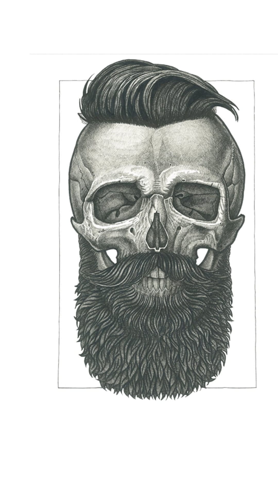 Human skull featuring a thick beard, waxed mustache, and tall pompadour hair with intricate shaded linework.