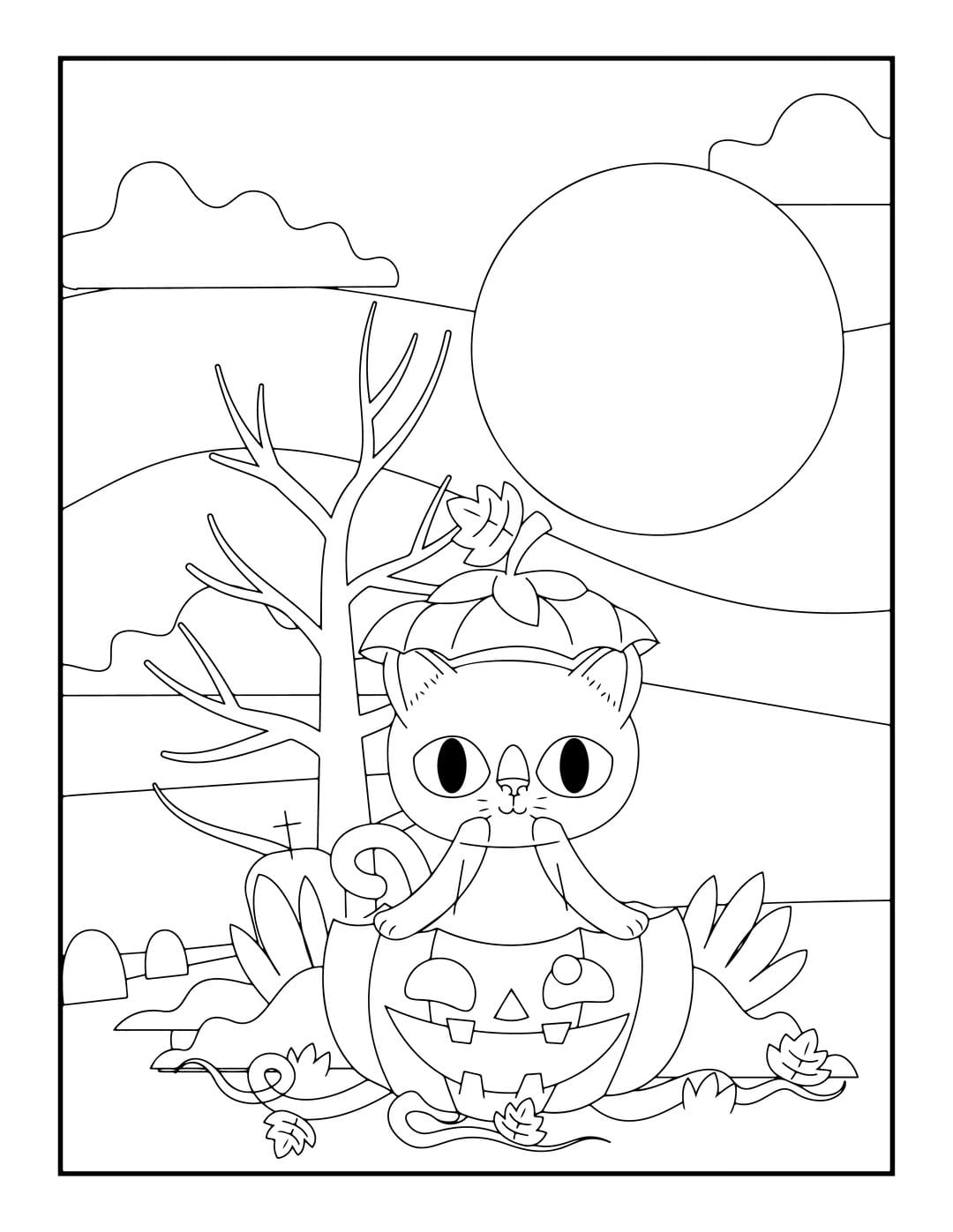 Halloween cat coloring page featuring a feline inside a jack-o-lantern with a moon and graveyard background.
