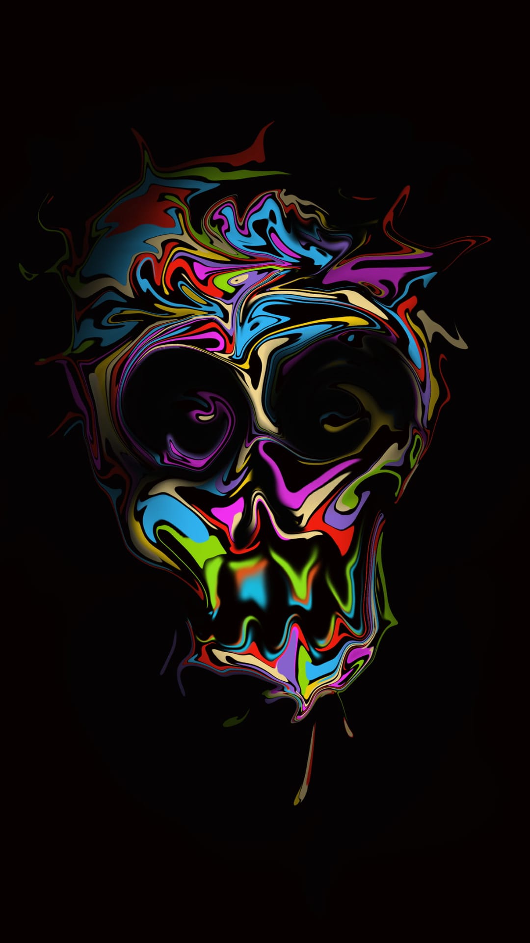 Human skull dripping with molten neon paint in shades of pink and blue against a solid black background.