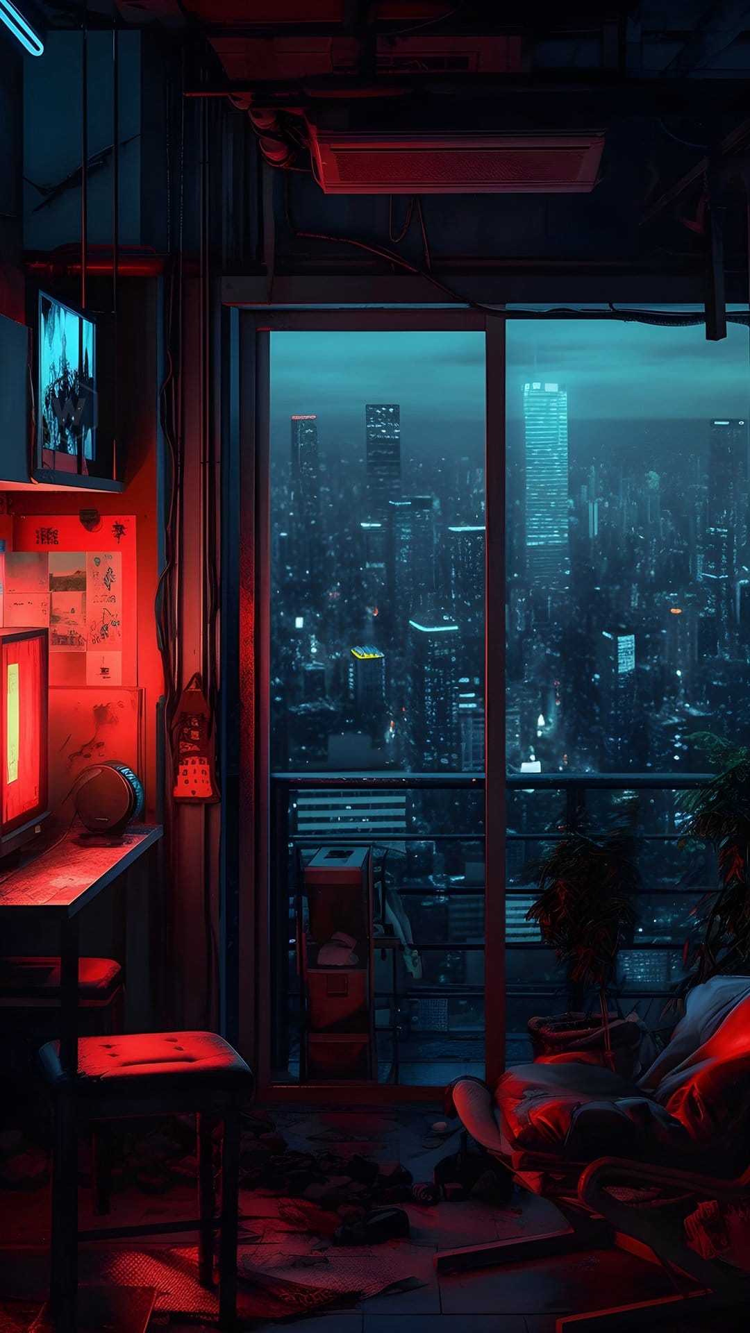 Cyberpunk apartment window faces a dark city with red and blue neon skyscrapers and a glowing computer monitor.