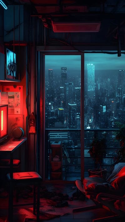 armchair,window,view,city,night,art