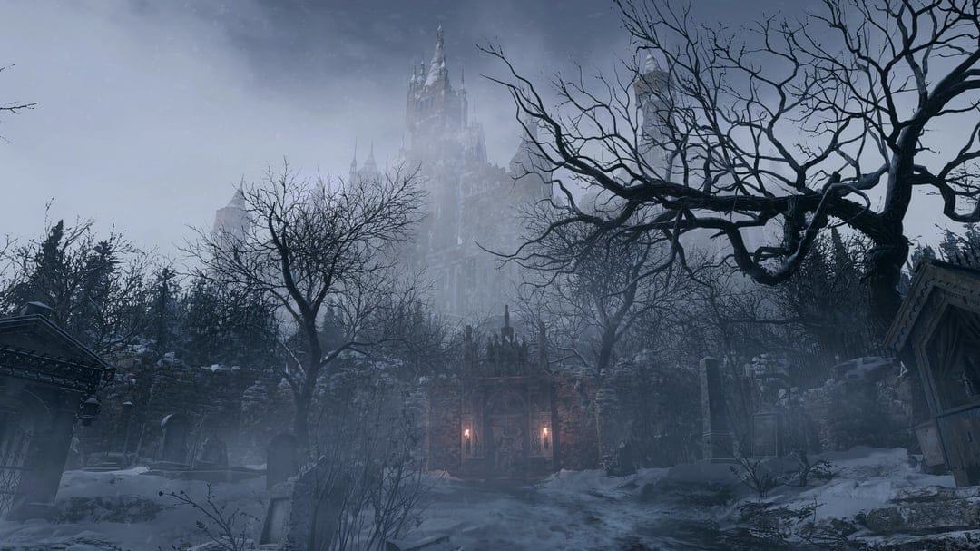 Gothic castle towering over a snow-covered cemetery with leafless trees and a glowing stone gate at night.