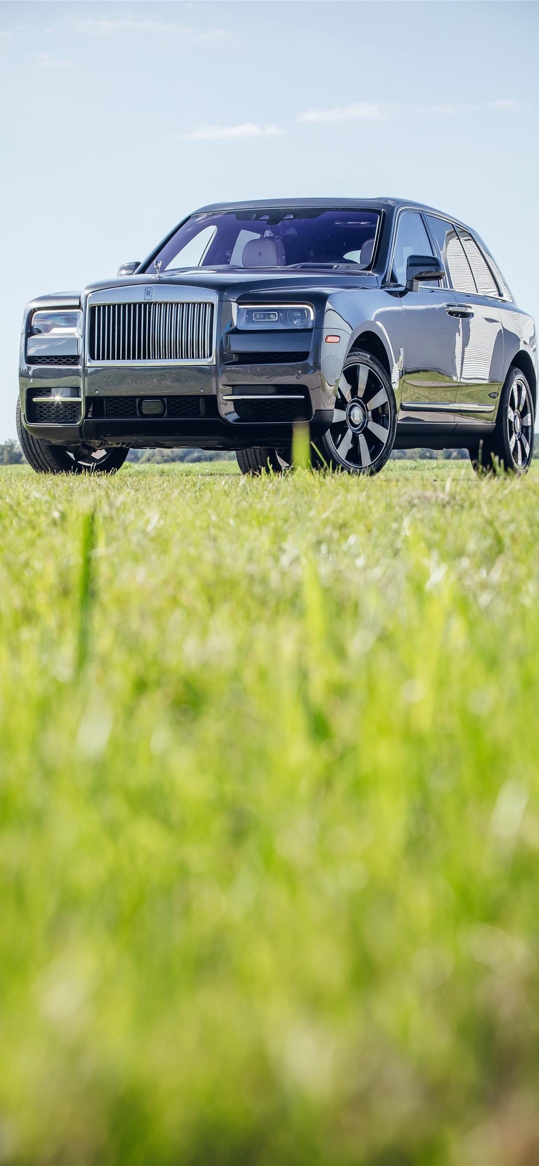 Dark grey luxury SUV parked in a green field under a clear blue sky with blurred grass in the foreground.
