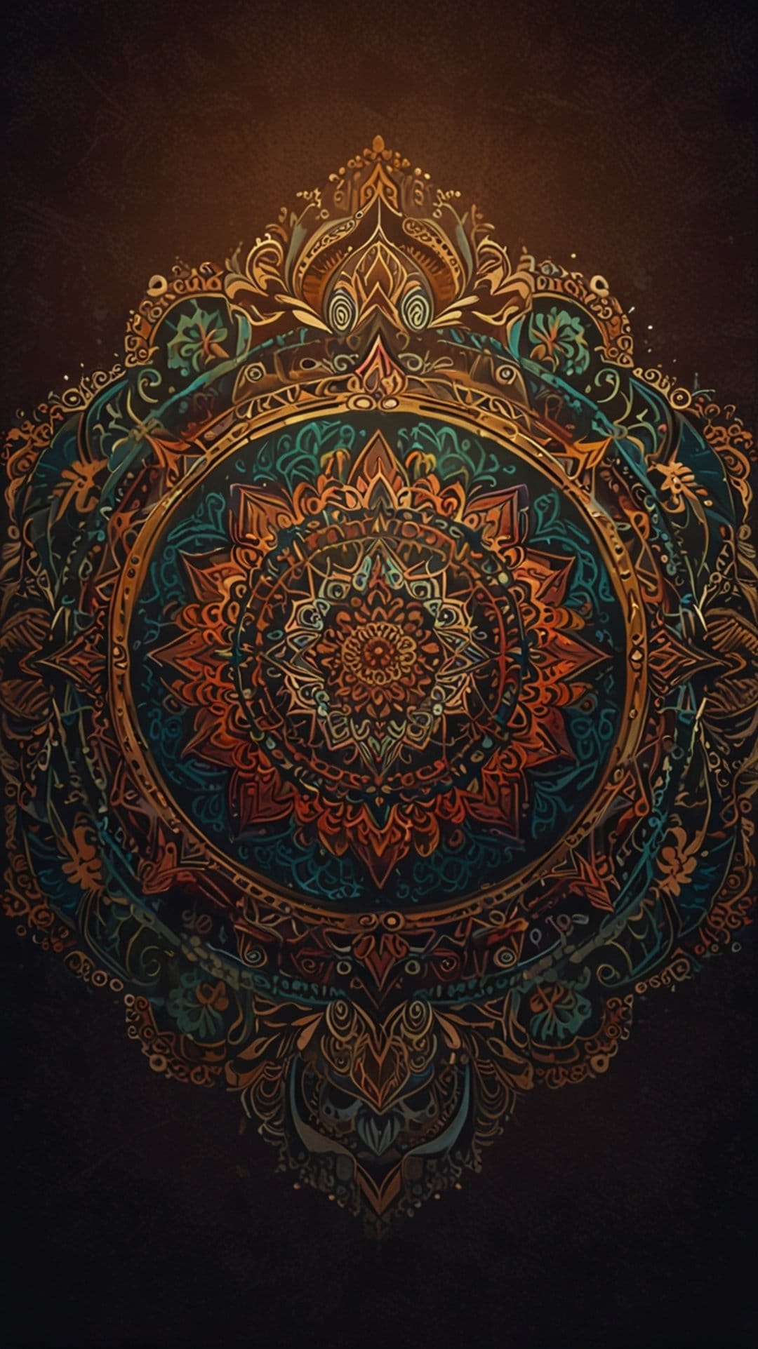 Symmetrical mandala with orange and blue geometric petals over a dark textured background with golden details.