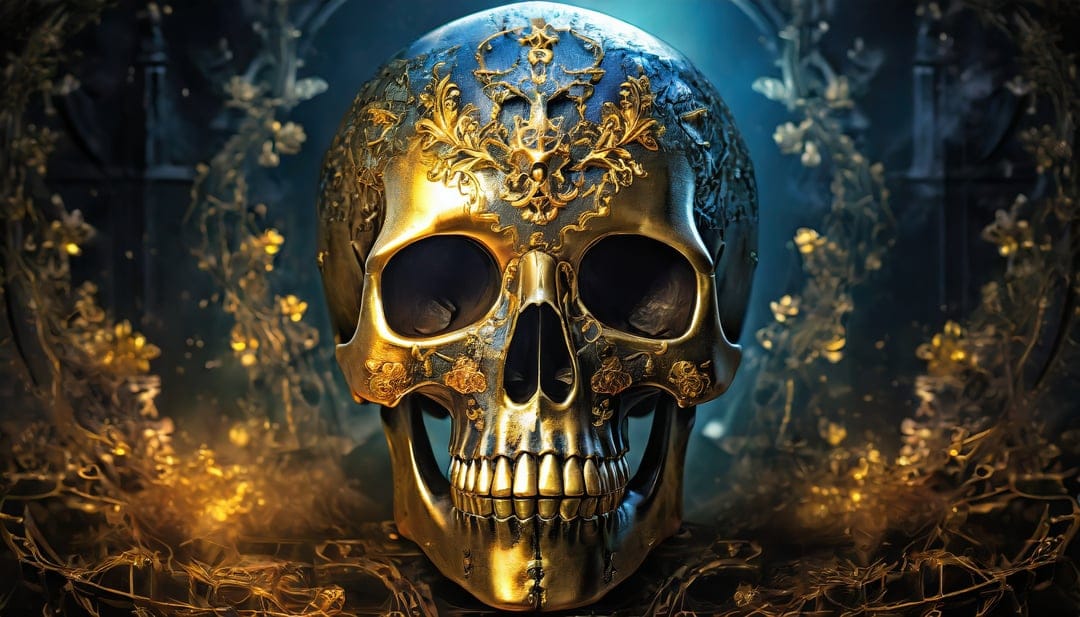 Golden skull with blue filigree engravings surrounded by dark mystical leaves and glowing amber accents.