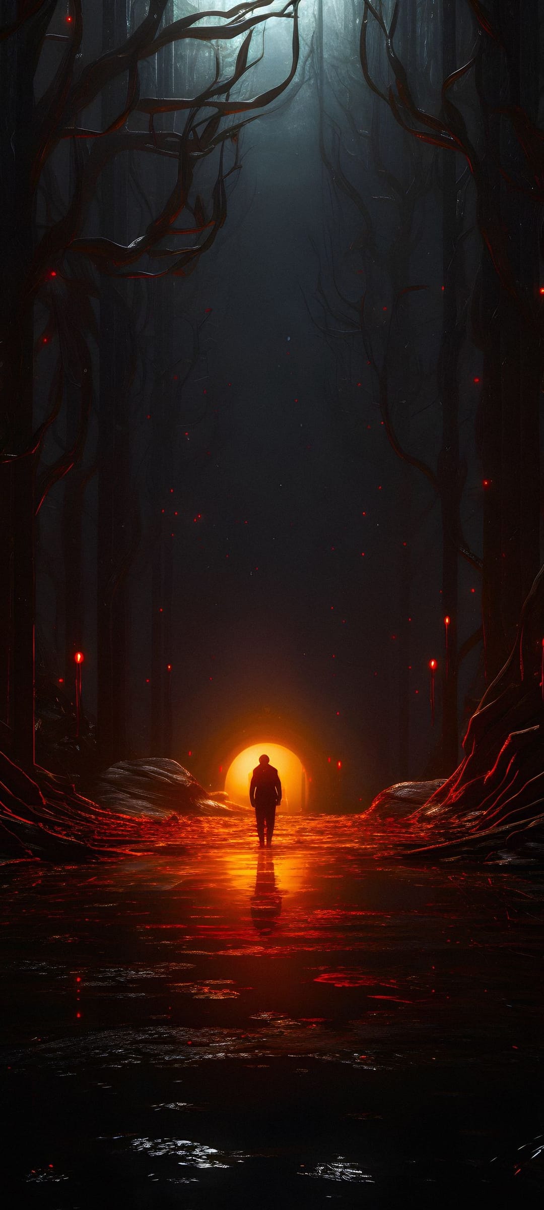 Lone silhouette walks toward a swirling orange portal on a wet path within a dark, ember-filled forest at night.