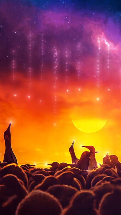 Penguins, ethereal, night sky, celestial, aurora, fantasy, orange, purple, red, stars, mystical, wildlife, surreal, glowing, abstract, vibrant, cosmic, dreamlike, nature, magical