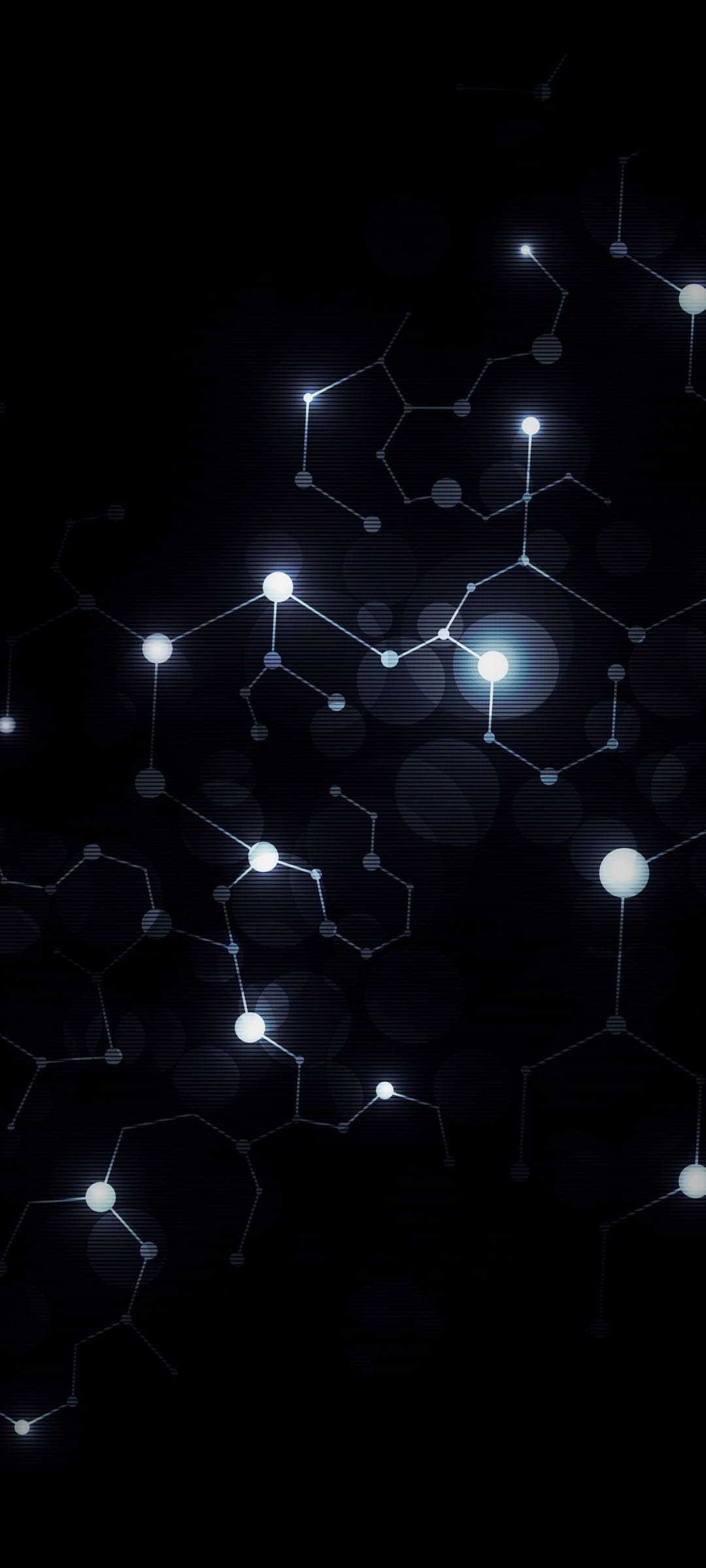 Glowing blue nodes and thin interconnected lines form a complex digital web against a dark black background.