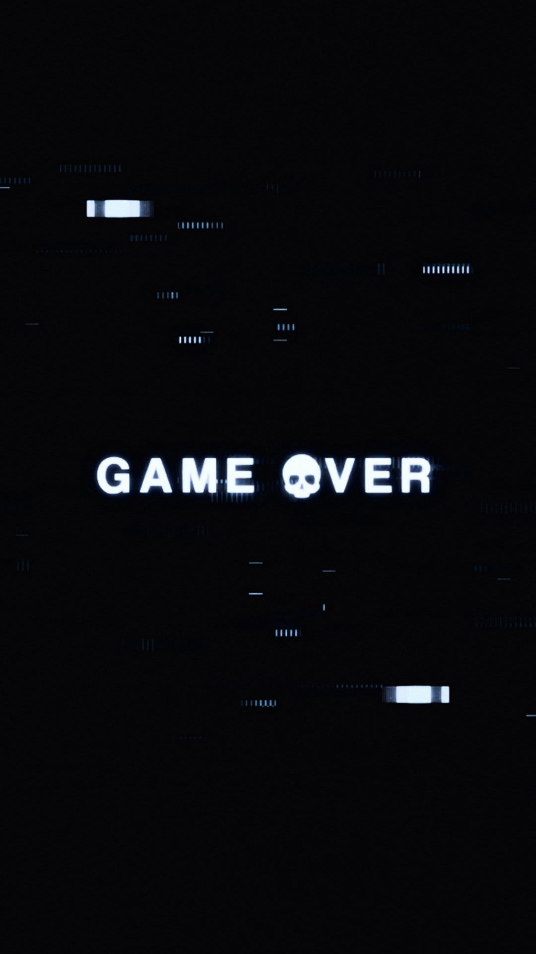 White skull icon centered above game over text with digital glitch distortion on a dark vertical background.