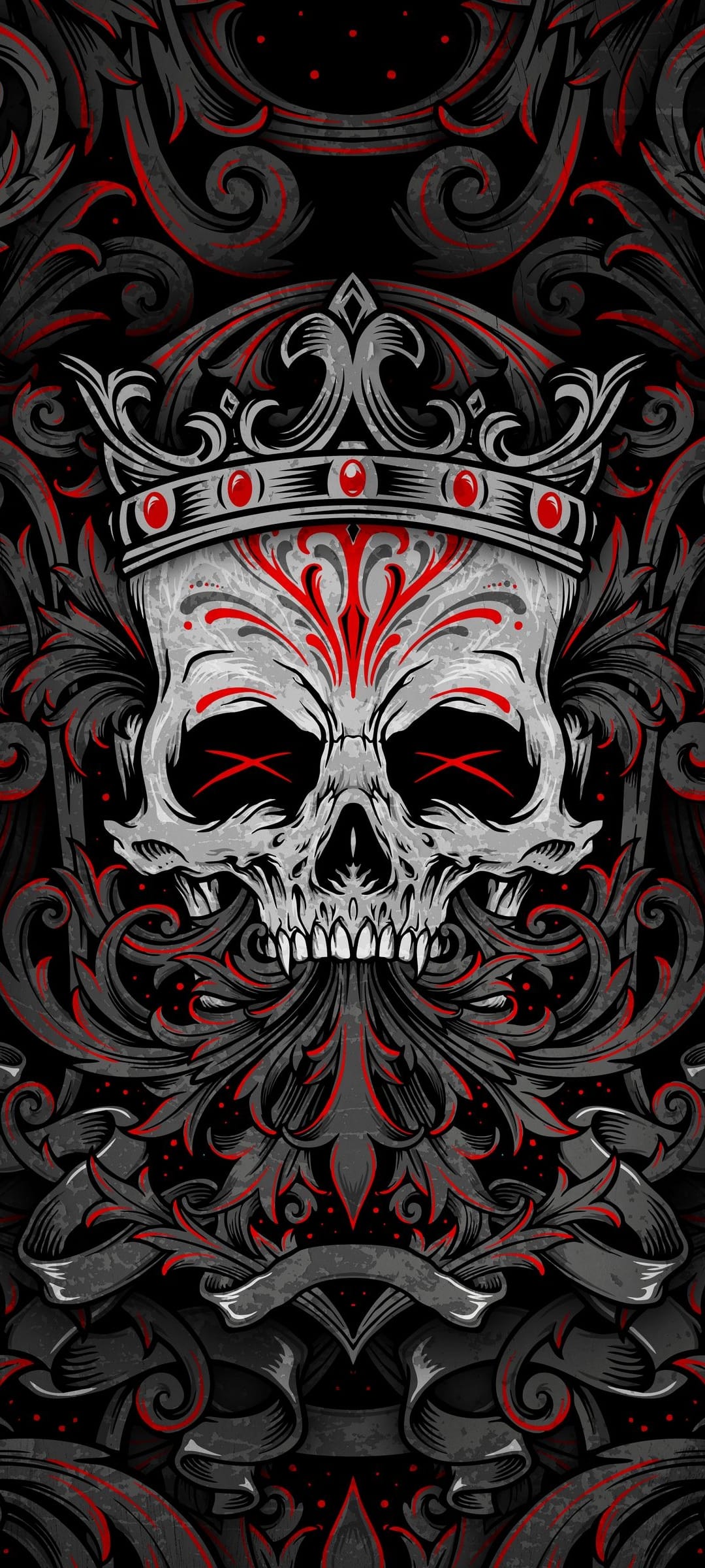 Human skull wearing a detailed crown with red ornate patterns against a dark, textured filigree background.