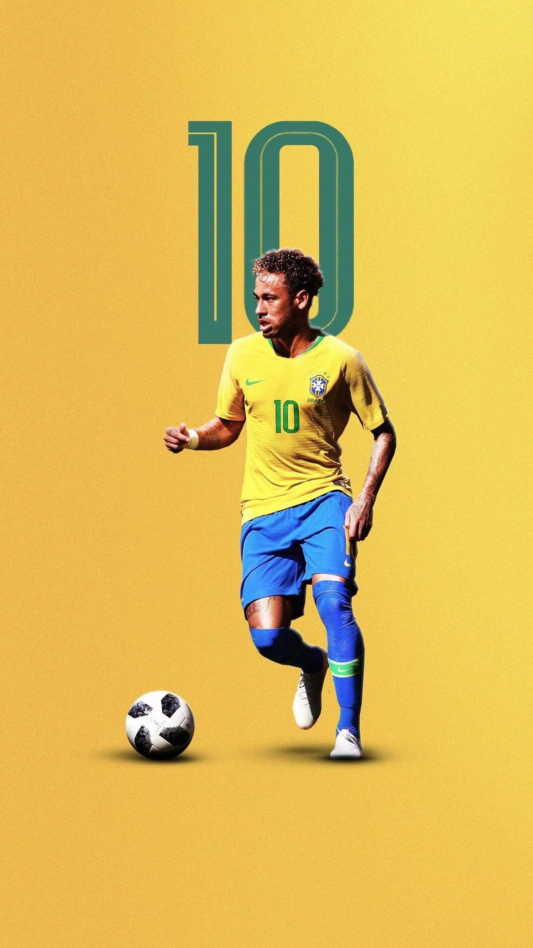 Neymar Jr in a yellow Brazil kit dribbling a soccer ball against a soft yellow background with a large number 10.