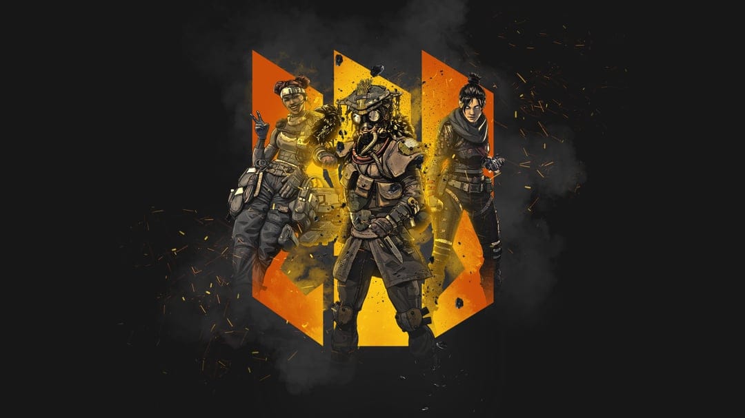Lifeline, Bloodhound, and Wraith stand before a glowing orange emblem with smoke and sparks on a black background.