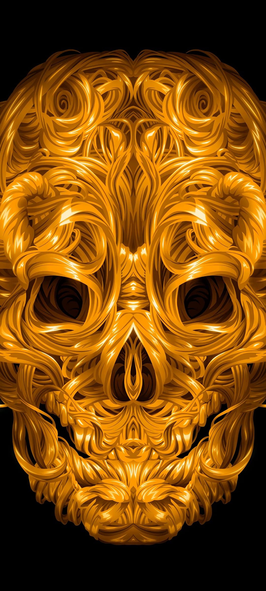 Golden skull sculpture made of swirling metallic strands centered on a black background with high contrast light.