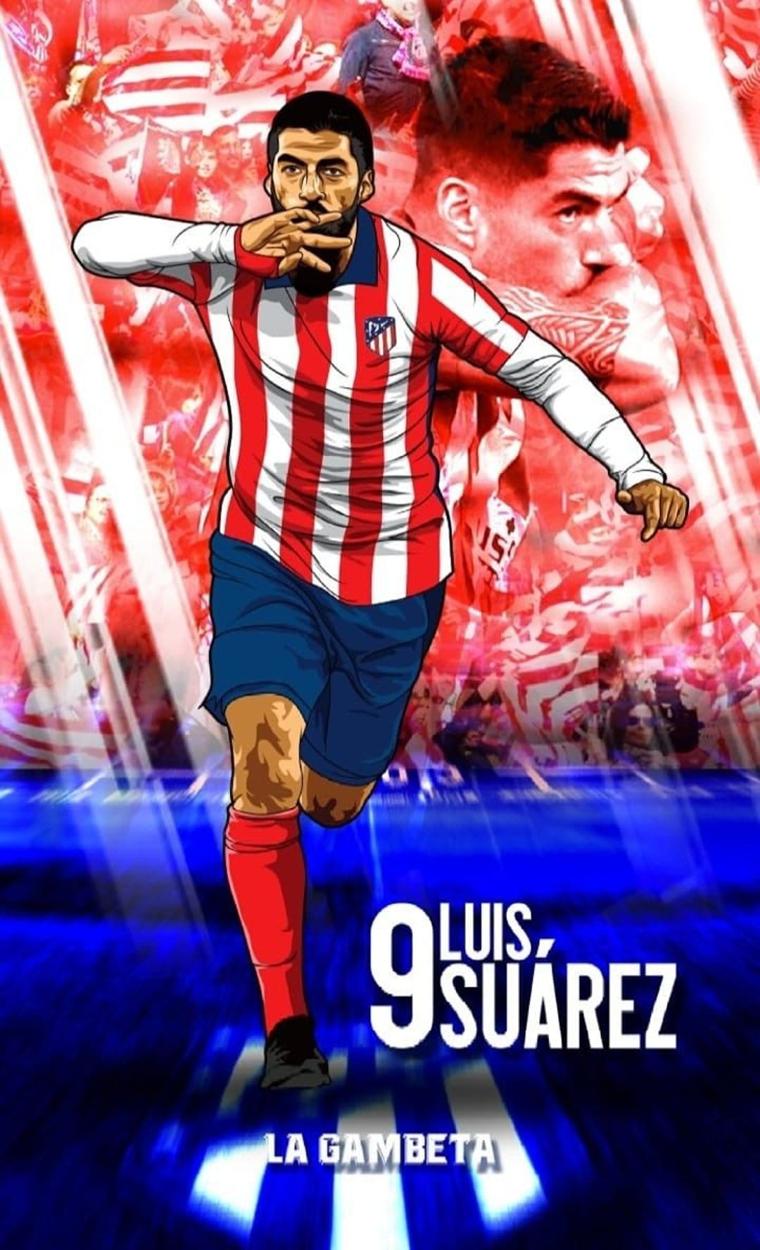 Luis Suarez in a red and white Atletico Madrid kit makes a gesture against a blurred stadium crowd background.