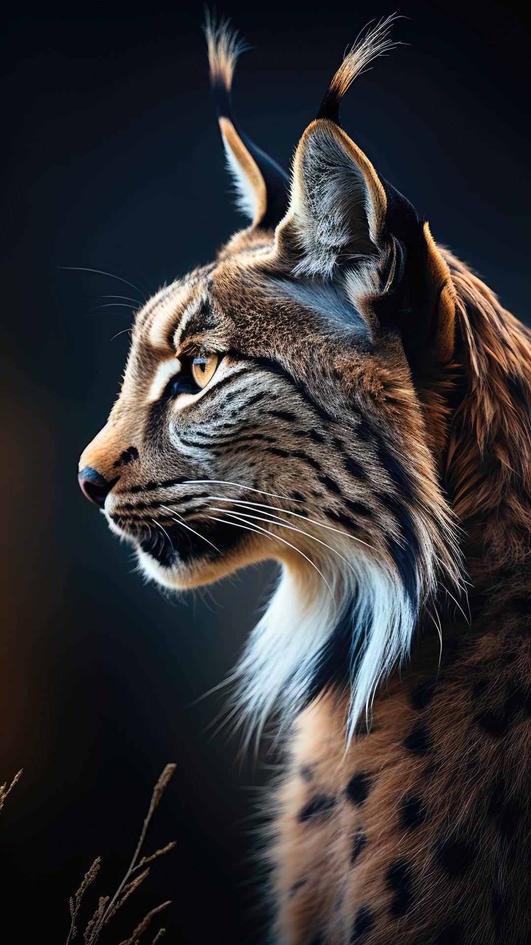 Lynx in profile showing pointed ear tufts and golden eyes against a dark background for mobile accessibility.