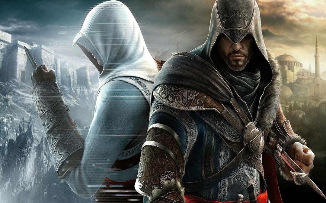 Altair and Ezio stand back-to-back against Masyaf and Constantinople in this dual-themed gaming scene.