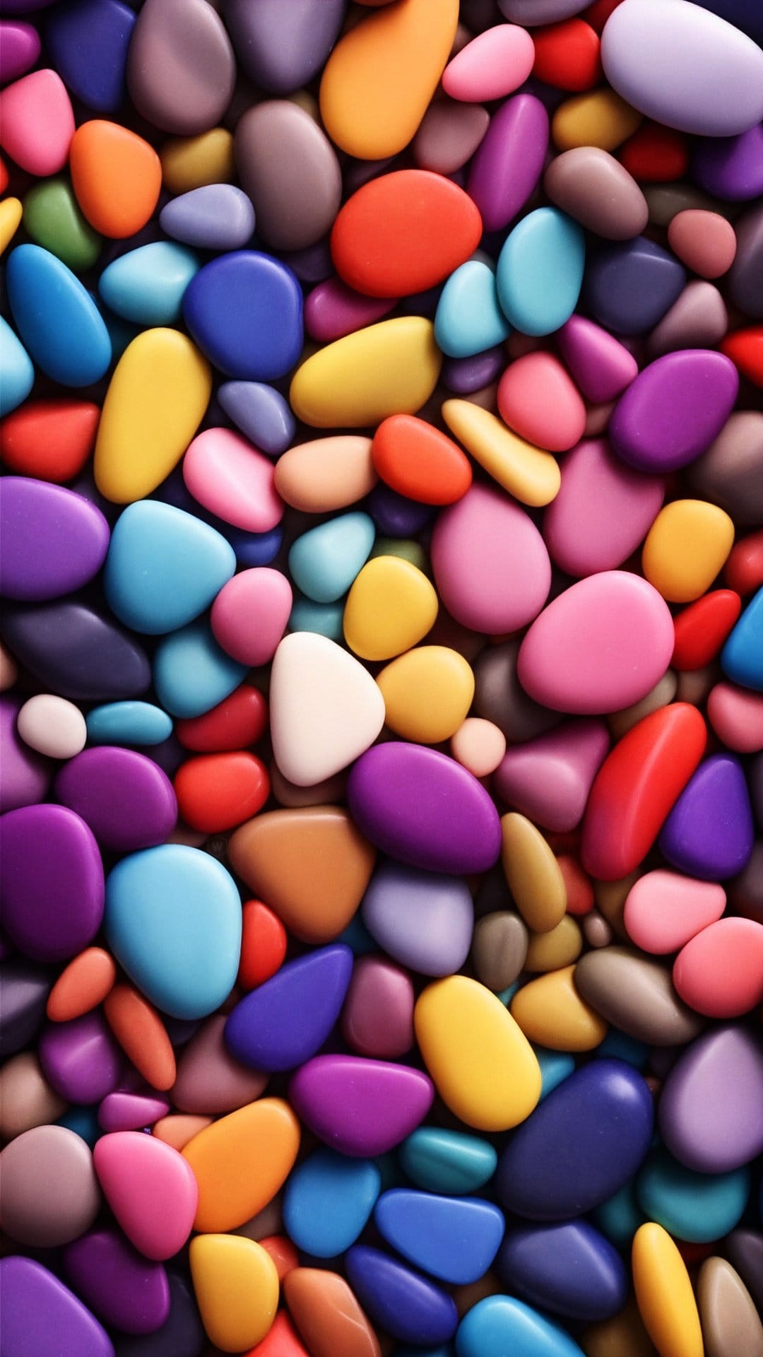 Smooth multicolored pebbles packed together in a dense arrangement with polished surfaces and vibrant hues.