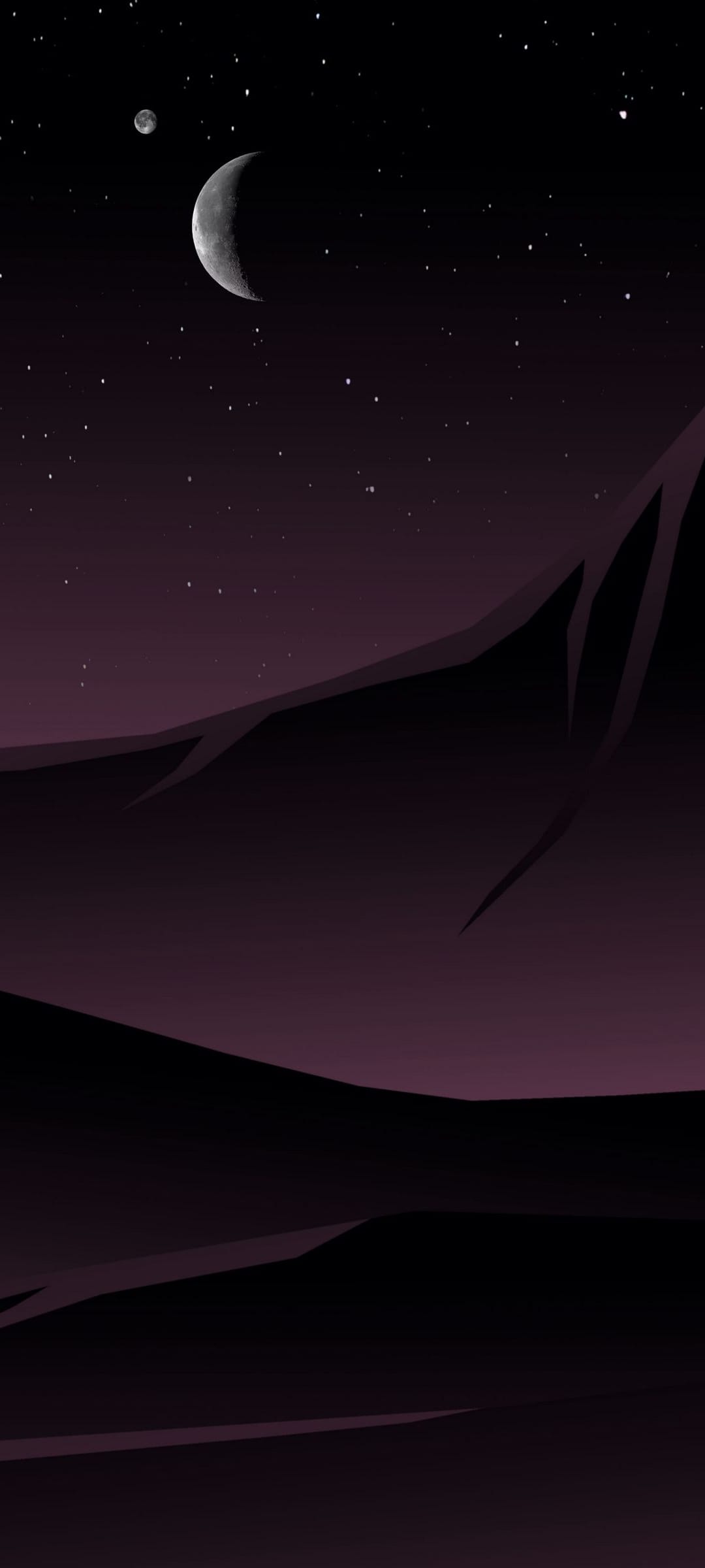 Slender crescent moon and scattered stars shine above dark angular mountain silhouettes in a purple night sky.