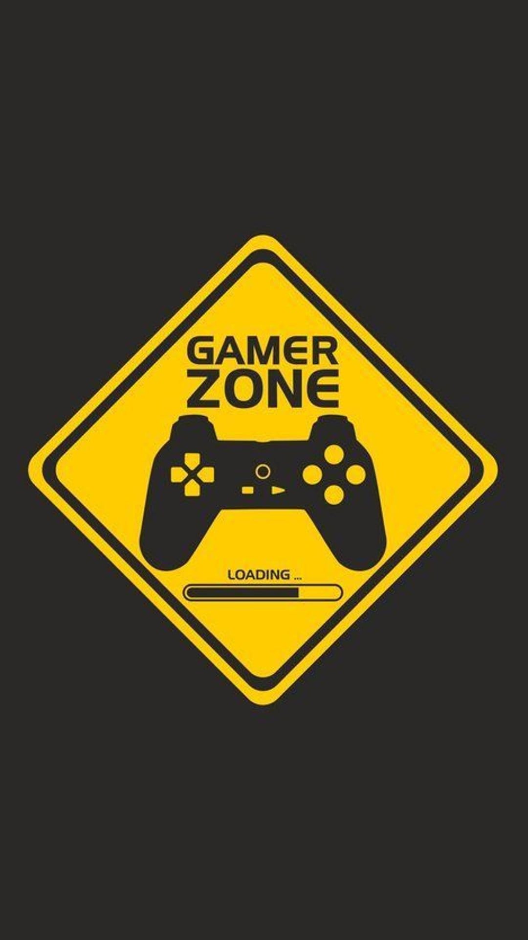 Yellow diamond warning sign with GAMER ZONE text and a game controller silhouette above a loading progress bar.