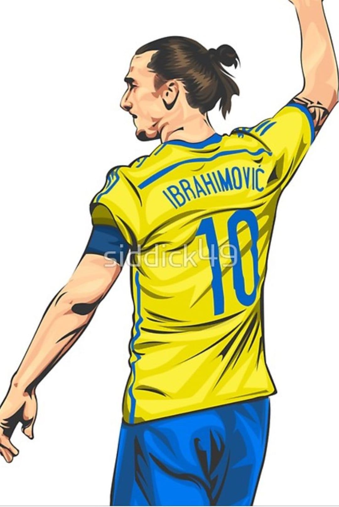 Zlatan Ibrahimovic in a yellow Sweden jersey with number 10, seen from behind with his right arm raised.