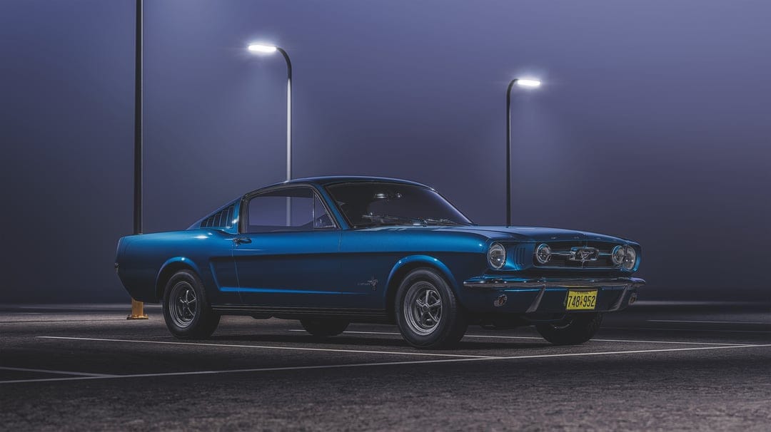 Classic blue Ford Mustang Fastback parked in a misty parking lot under two glowing streetlights at night.