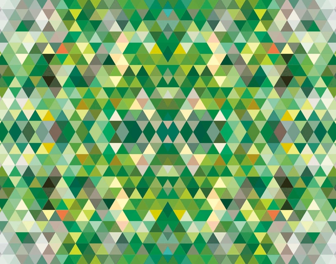 Symmetrical green and yellow triangle mosaic forming a central diamond shape in a faceted geometric pattern.